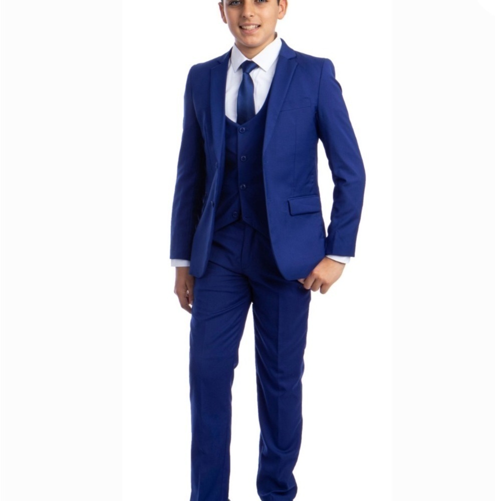 Perry Ellis Boys 5 Piece Suit Blue Formal Set Jacket Vest Pants Tie Shirt